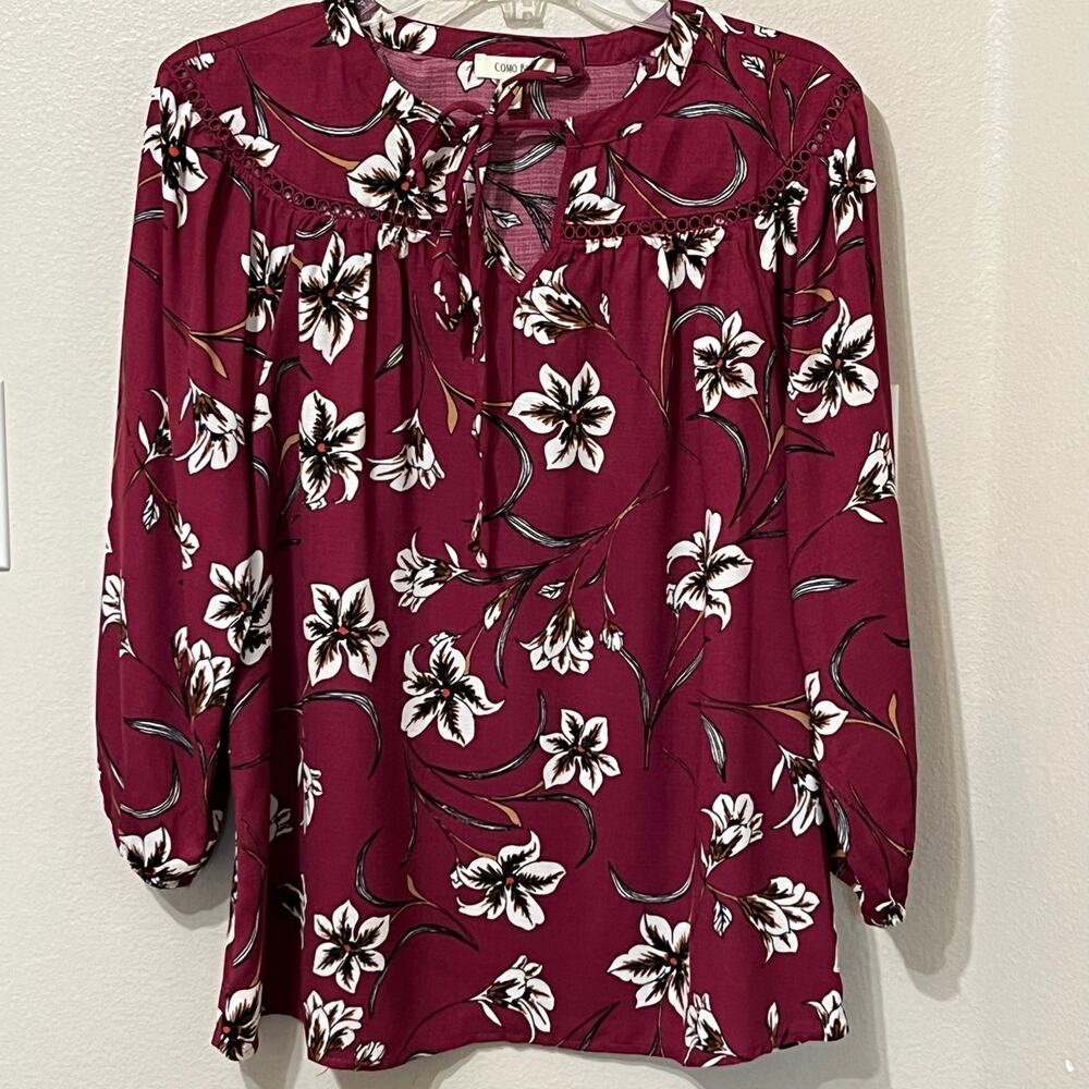 Como Blue Women’s Blouse Sz Medium Pullover Elastic 3/4 Sleeve Floral